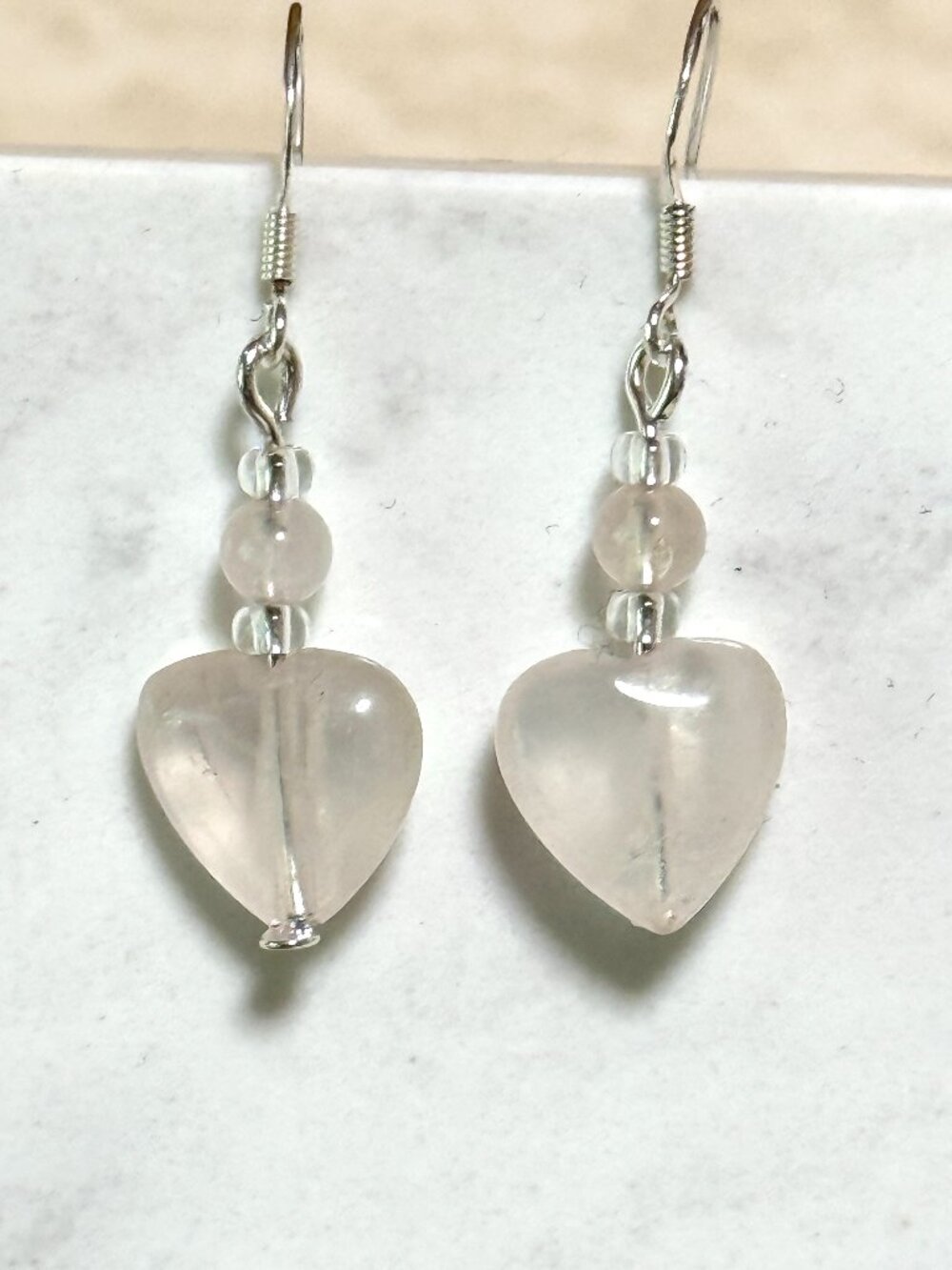 2/$20, Pink Rose Quartz Stone Heart Earrings, Gemstone & Sterling Silver Hooks